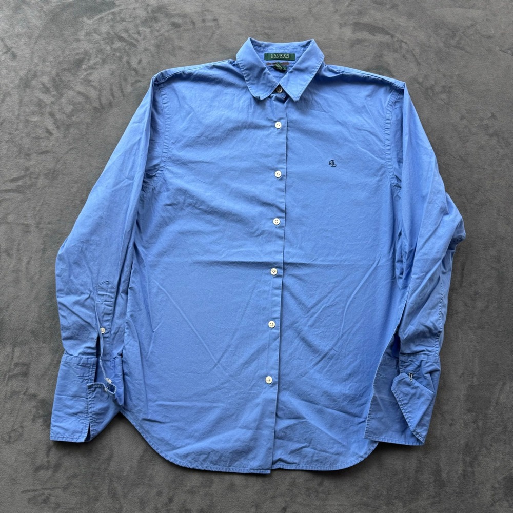 Lauren Ralph Lauren Blue Cotton Button Down Shirt Long Sleeve Monogram Size M